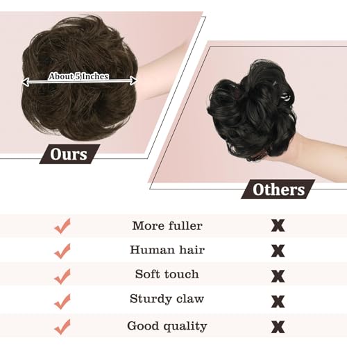 RUWISS Claw Clip Messy Bun Hair Piece Real Human Hair Buns Wavy Curly Chignon Hair Bun Extensions Tousled Updo Hair Buns Claw Clip Ponytail Hairpieces (Brown 2#L)