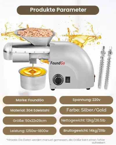 Foto von FoundGo 1800W Ölpresse 0-300℃ Öl Pressmaschine Elektrische Ölmühle Walnüsse Erdnüsse Kaltpresse Automatische Heißprsse Edelstahl Extraktor für Kommerziell & Haushalt, 6-9kg/St. (Silber)