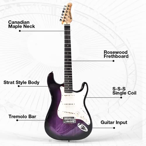 Purple Electric Guitar Beginner Kit Full Size 39 Inch Set Includes Tremolo Guitar, 20W Amplifier 3 Picks, Shoulder Strap, Tuner, Bag Case #TOP1