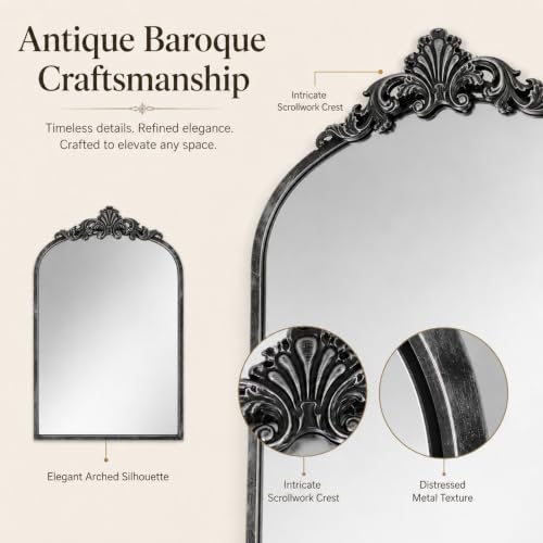 Image of Arched Wall Mirror, 21x31 inch Baroque Traditional Design, Antique Black