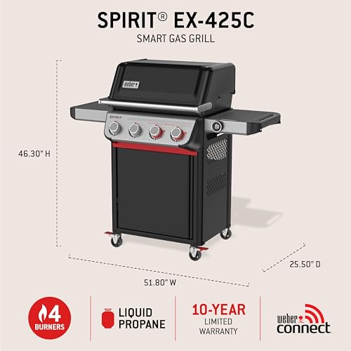 Image of Weber Spirit EX‑425C Smart Gas Grill (Liquid Propane) for Outdoor Cooking, 4 Burners with 2 Boost Burners - Wi‑Fi Enabled Grill, Porcelain-Enameled Cast-Iron Grates, Sear Zone & Weber Connect