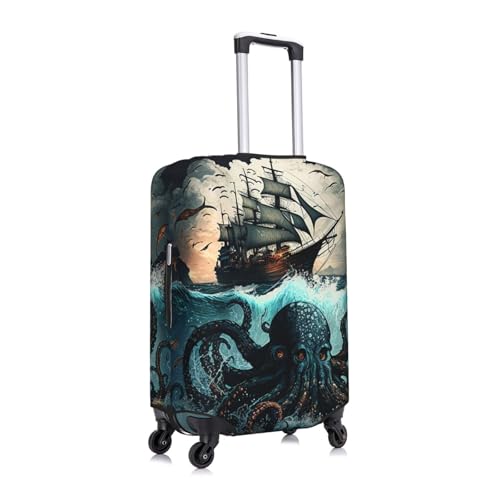 Generic Ocean Kraken monster Octopus Vintage Elastic Travel Luggage Cover Travel Suitcase Cover for Trunk Case 19''-32'' Luggage Protective Cover, X-Large, Black3
