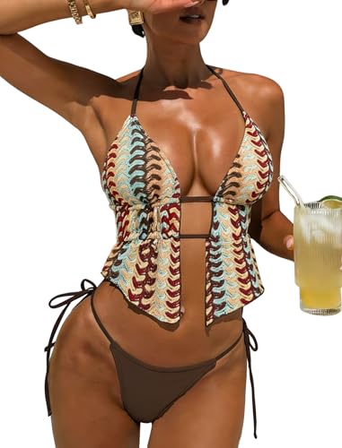 Image of ZAFUL Halter Swimsuits for Women Textured Backless 2 Piece Bathing Suits Cheeky High Cut String Tie Side Bikini Sets
