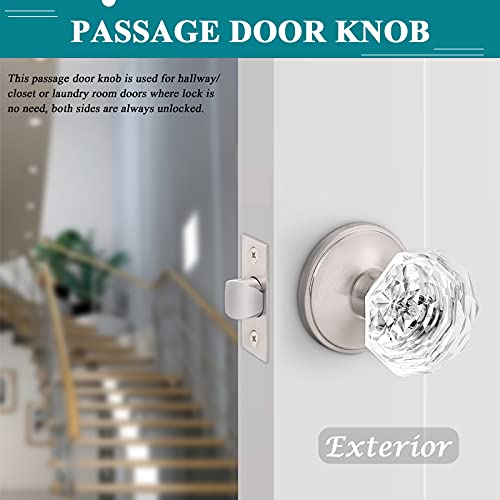 2 Pack Orger Glass Door Knobs For Hallway And Closet, Crystal Passage Door Knobs With Round Diamond Shape, Non-Locking Interior Door Handles, Round Rosette With Satin Nickel Finish #TOP2