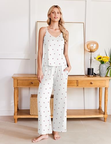 Image of Ekouaer Womens Y2K Cami Pajama Set with Flare Pants, 2 Piece Lace Trim Sleepwear Spaghetti Strap Pjs Set XS-2XL