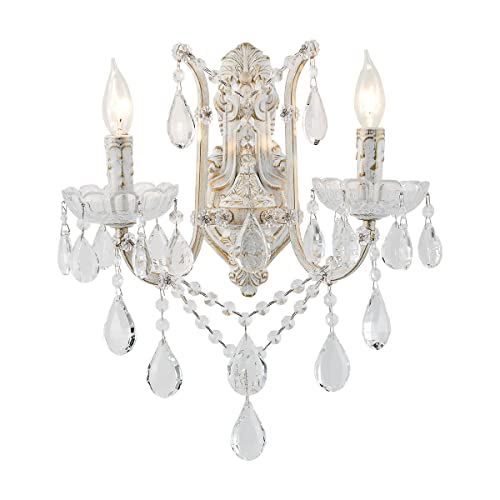 Image of YLONG-ZS French Country Crystal Wall Sconce, 2-Light Distressed White Gold Candle Style with Teardrop Crystals, Hardwired Indoor Decor for Bedroom Bathroom Vanity, E12 Base