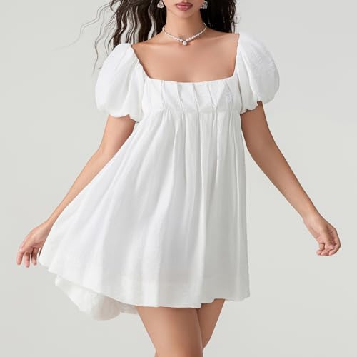 Women Y2k Puff Sleeve Babydoll Dresses Square Neck Tie Back Mini Dress Summer Solid Off Shoulder Flowy Sundress3