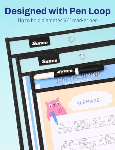 SUNEE 30 Packs Oversized Reusable Dry Erase Pocket Sleeves with 2 Rings, Black 10x14 Ticket Holders, Clear Plastic Sheet Protectors, Teacher School Classroom Supplies