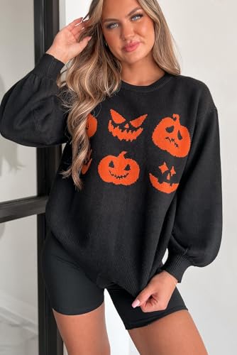 Women's Black Halloween Pumpkin Face Pattern Drop Shoulder Sweater4