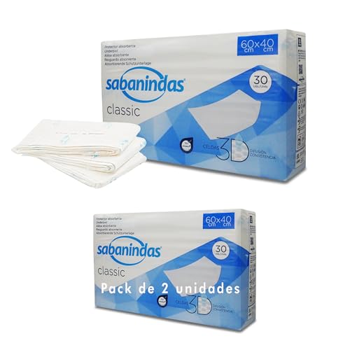Indas Sabanindas Classic 60x40 - 30 Protectores Absorbentes para Incontinencia - Confort Duradero - Seguridad y Práctica - Libre de Látex - 2 Paquetes - 60 Unidades