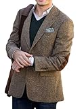 ORBITRAY Men's Tweed Blazer Jacket with Elbow Patches Men Winter Short Trench Coat Vintage Coat Brown