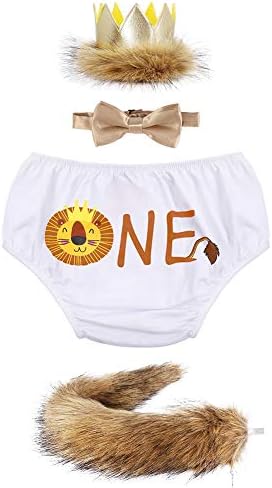 FYMNSI Baby Boy 1st / 2nd Birthday Cake Smash Outfit Wild One Lion Costume Photo Props Crown Tail Bow Tie Suspenders Bloomers Set