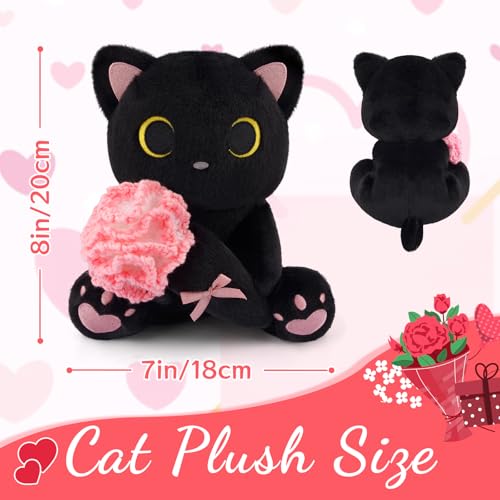 Image of Black Cat Plush Holding Crochet Flower - 8 inch Kawaii Stuffed Cat with Handmade Pink Carnation, Soft Cute Plush Stuffed Animals for Girls Kids, Birthday Gift