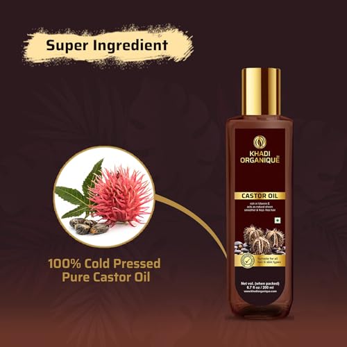 Image of Khadi Organique Castor Oil | 100% Pure & Cold Pressed Virgin Grade - 200ml | For Hair Growth, Moisturizing Dry Skin, Nails & Eyelashes | Vitamin E & Fatty Acids | No Mineral Oil | All Skin types