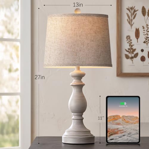 Image of PARTPHONER Traditional Table Lamp Set of 2, Rustic Farmhouse Table Lamps for Living Room Bedroom, 27 inch Bedside Desk Lamps Vintage Nightstand Lamps with Linen Shades, Antique Grey