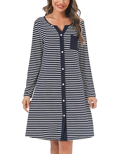 Marvmys Chemise De Nuit Femme Manches Longues Chemises De Nuit Femmes Col en V avec Boutons Devant Chemises De Nuit Vêtement De Nuit Doux Rayée Coton Manche...