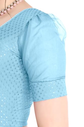 Image of FINESTFIT Stay On Trend Fashion 100% Cotton Readymade Blouses for Women,Round Neckline with Organza Balloon Sleeves.