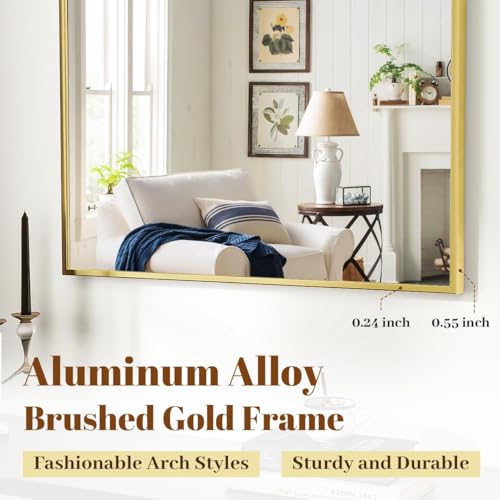 Image of VooBang Wide Arched Wall Mirror, 31 x 32 inch Arch Bathroom Mirror, Wall Mounted Vanity Mirror with Arch Metal Frame, Modern Bathroom Vanity Mirror for Bedroom, Living Room, Hanging or Leaning, Gold