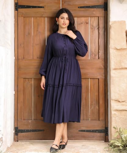 TIYOMI Women's Plus Size Fall Maxi Dresses 2025 Casual V Neck Button Drawstring Long Sleeve A Line Floral Boho Dress Pockets3