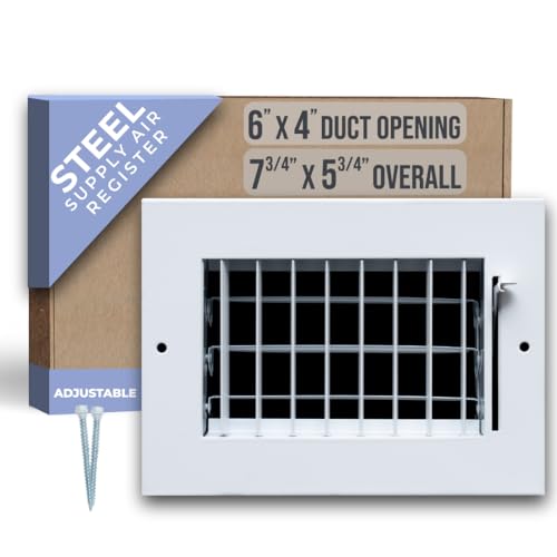Handua 6"W x 4"H [Duct Opening Size] Steel Adjustable Air Supply Grille | Register Vent Cover Grill for Sidewall and Ceiling | White | Outer Dimensions: 7.75"W X 5.75"H for 6x4 Duct Opening