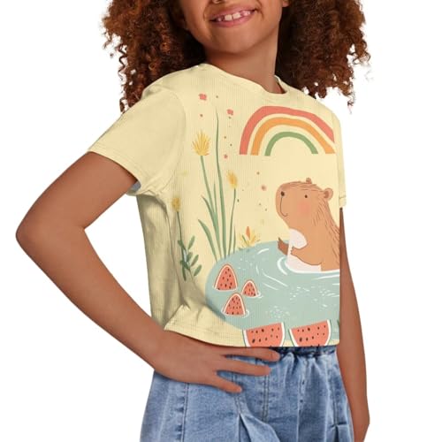 Image of Girls Fashion Crewneck Tee Shirts Casual Short Sleeve Crop Top Summer Outfits 5-14 Years Old