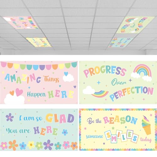 Image of ROCEEI Pack of 4 Fluorescent Light Covers for Ceiling Lights, 4 x 2 Ft, Magnetic Light Covers for Classroom Office Home School Ceiling Decor(Pastel)