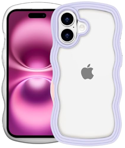 Image of GoldKart iPhone 16 Case Wavy Edge Clear Back Design, Anti-Slip Grip Cute Wave Curly Frame Shape Shockproof Soft TPU & Hard PC Bumper Protective Phone Case Cover for Women Girls - Purple