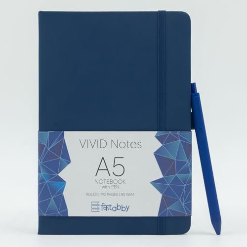 Image of Kitabby VIVID Notes A5 Hard Bound Notebook with Pen - Navy Blue | Elastic Band & Pen Loop, 192 Pages, 80gsm Natural Shade Paper, Polymer Coated Paper Cover