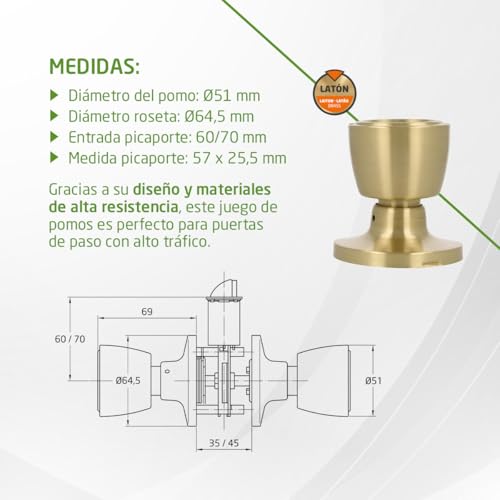 Miniatura 4 de Amig - Pomo De Paso - Juego De Pomos Con Manilla En Ambos Lados - Ideal Para Puertas De Paso Interiores - Latón - Color Dorado - Tipo Copa - Picaporte De Entrada 60 70 Mm