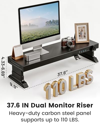 Image of Height Adjustable Dual Monitor Stand Riser with 6-Port USB Hub, Black | Fits Dual 27 inch Monitors, Charge & Sync Multiple Devices, Ergonomic Height, Solid Steel Material, Cable Management, Quick Setup