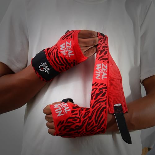 Image of Mexican-Style Boxing Hand Wraps - Breathable Stretch Cotton /Poly, 2 inch Wide with Hook & Loop, CAT Skin Graphic & Zeal to Win Slogan 3.5 Meter