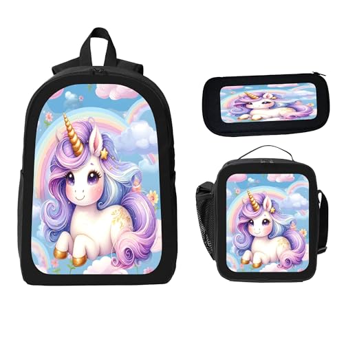 3PCS Backpack for Women Men With Lunch Box Pencil Bag 17 Inch Lightweight Adjustable Strap Back Pack 3 In 1 Set Unicorn Animal Cute Casual Daypack Unisex Fit Travel Work Camping