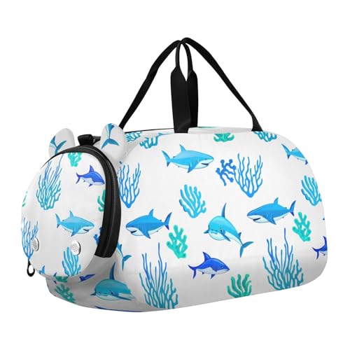 Sharks Blue Kids Travel Duffel Bag for Boys Girls Overnight Weekend Tote Bag with Shoes Compartment for Sleepover Trip Beach