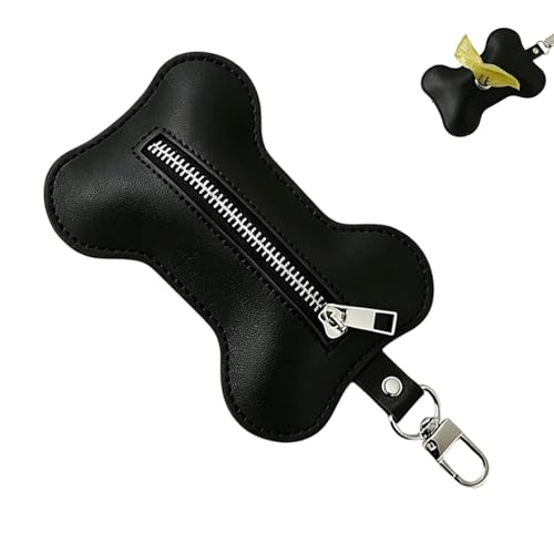 MNYXIS Porta Sacchetti Cane da guinzaglio, Dispenser Sacchetti Cacca Cane in Pelle PU a Forma di Osso, Porta Sacchetti Cane da Guinzaglio con Moschettone Metallico per Passeggiate e Trekking, Nero