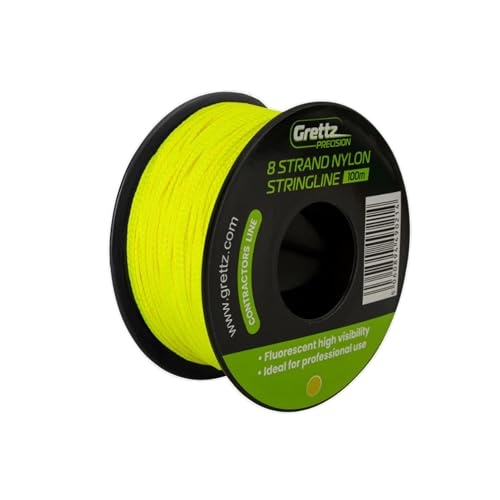 Grettz 100 m Heavy-Duty 8-Braid Nylon Stringline High-Visibility Yellow Bricklaying & Landscaping Line for Masonry Construction & DIY Projects