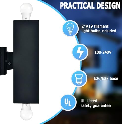Image of Dawn to Dusk Outdoor Light Fixtures Wall Mount 2 Pack, LED Modern Up Down Lighting Outdoor Wall Sconce Lights 2700k, 13 inch Black Outside exterior lights for House Porch Garage,IP65,UL Listed (Black)
