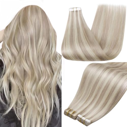 Full Shine Tape In Hair Extensions Human Hair, Ash Blonde 24 Inch | 100G 40Pcs, Remy Hair, Seamless Invisible Skin Weft, Add Length