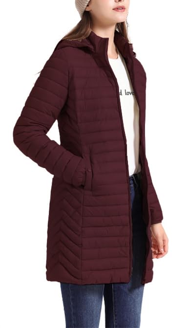 Women's Packable Long Puffer Jacket Lightweight Quilted Parka Jacket Winter Coat with Detachable Hood3