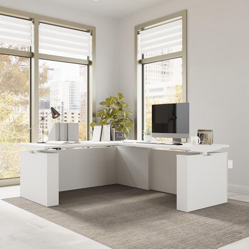 Image of Bush Business Furniture 72-inch Electric Height Adjustable L Shaped Standing Desk, Ergonomic Sit-Stand Computer Table for Office, Stratus Collection, White with White Base