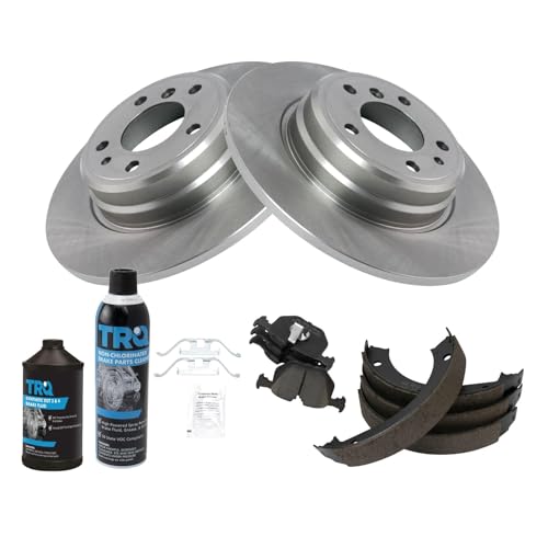 Image of TRQ Rear Brake Pad & Rotor Kit, with Chemical Kit Parking Brake Shoe Set Ceramic Compatible with 1995-2001 BMW 740i 740iL