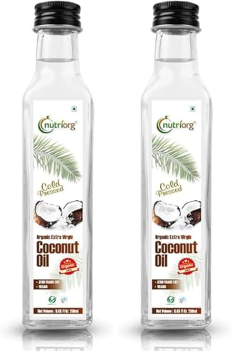 Image of NutriOrg Extra Virgin Coconut Oil 250mL | Cold Pressed, 100% Organic & Pure | Right for Cooking, Massage and oil pulling | Multipurpose use for skin and hair (Pack of 2)