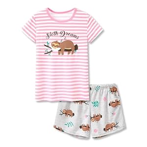 Cozchique Summer Pajamas for Girls – Stripe & Glittering Heart PJS Pal Cute Jammies Set Big Kids Size 6-16