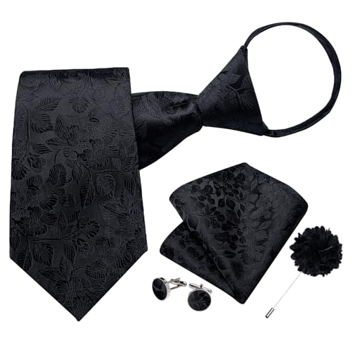 Image of DiBanGu Mens Zipper Tie Silk Pre-Tied Necktie with Gift Box | Jacquard Woven,Paisley Solid Plaid Pattern,6PCS with Pocket Square,Cufflinks and Lapel Pin,for Wedding Party Formal Business