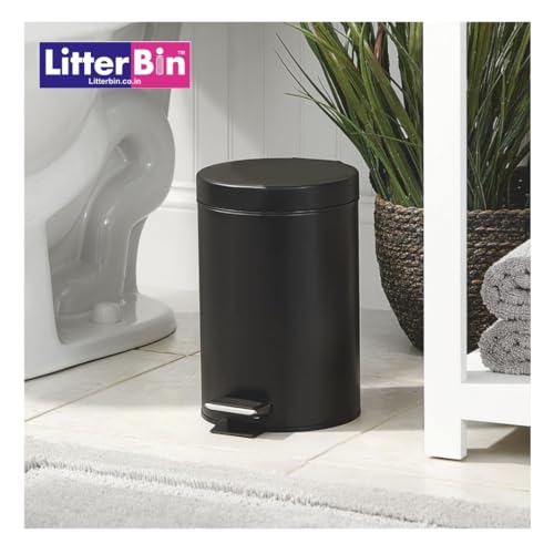 Image of LITTERBIN Stainless Steel Pedal Dustbin with Lid | Small Compact Space Saver SS Trash Can for Office, Home, Kitchen, Room, washroom, bathroom (Black 5 Liter)