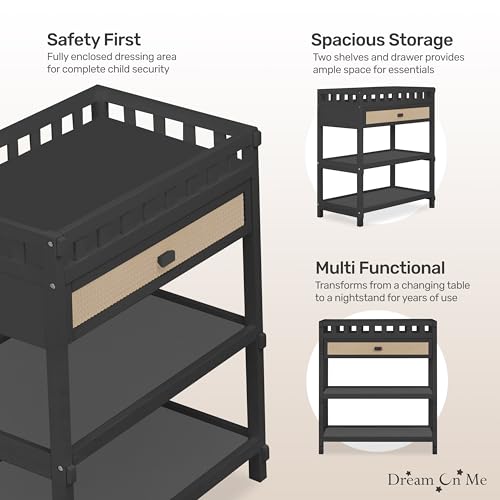 Image of Dream On Me Doula Changing Table in Matte Black - BSA & GREENGUARD Gold Certified, Enclosed Dressing Area for Safety, Two Spacious Storage Shelves & A Closed Drawer, Converts to Nightstand