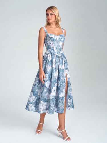 Image of KUTUMAI Floral Corset Midi Dress Flowy Slit Summer Spring Wedding Guest Dresses for Women Sundress with Pockets