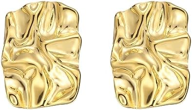 Geometric Rectangle Gold Stud Earrings Irregular Hammered Chunky Statement Earrings for Women Trendy
