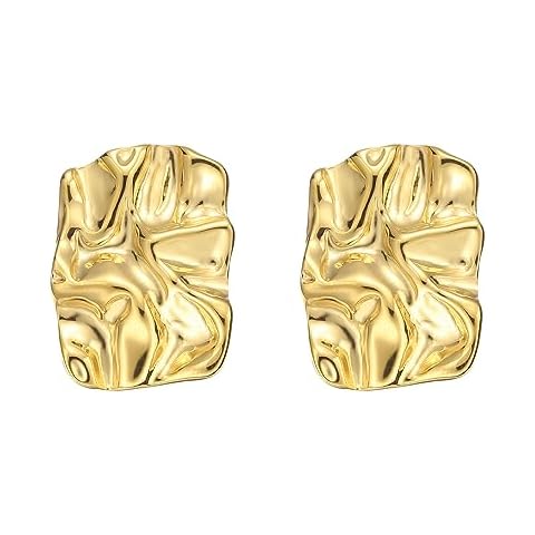 ENVYOU Geometric Rectangle Gold Stud Earrings Minimalist Irregular Hammered Chunky Statement Square Earrings for Women Trendy (Gold Rectangle) Cover