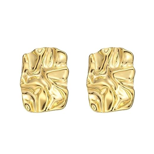 ENVYOU Geometric Rectangle Gold Plated Stud Earrings Irregular Hammered Chunky Statement Square Earrings for Women Trendy (Gold Rectangle)