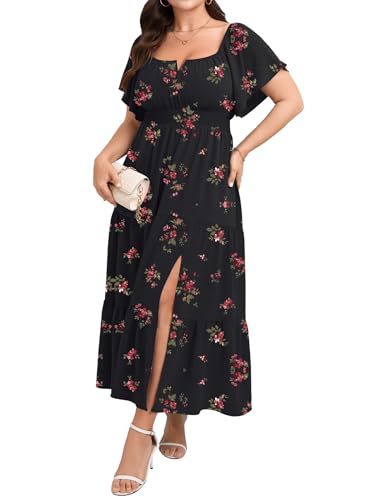 Image of SCOMCHIC Womens Plus Size Maxi Dress Formal Short Sleeve Square Neck Smocked Side Split Flowy A Line Tiered Long Dress